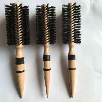 Professional Black Hog Mane Boar Bristle Round Wooden Barrel Rolling Style Hair Brush Factory